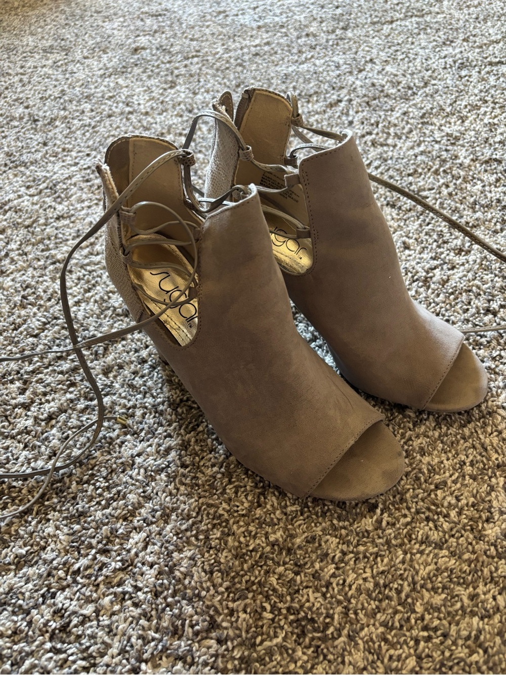 Sugar Taupe Peep-Toe Lace-Up Ankle Heels